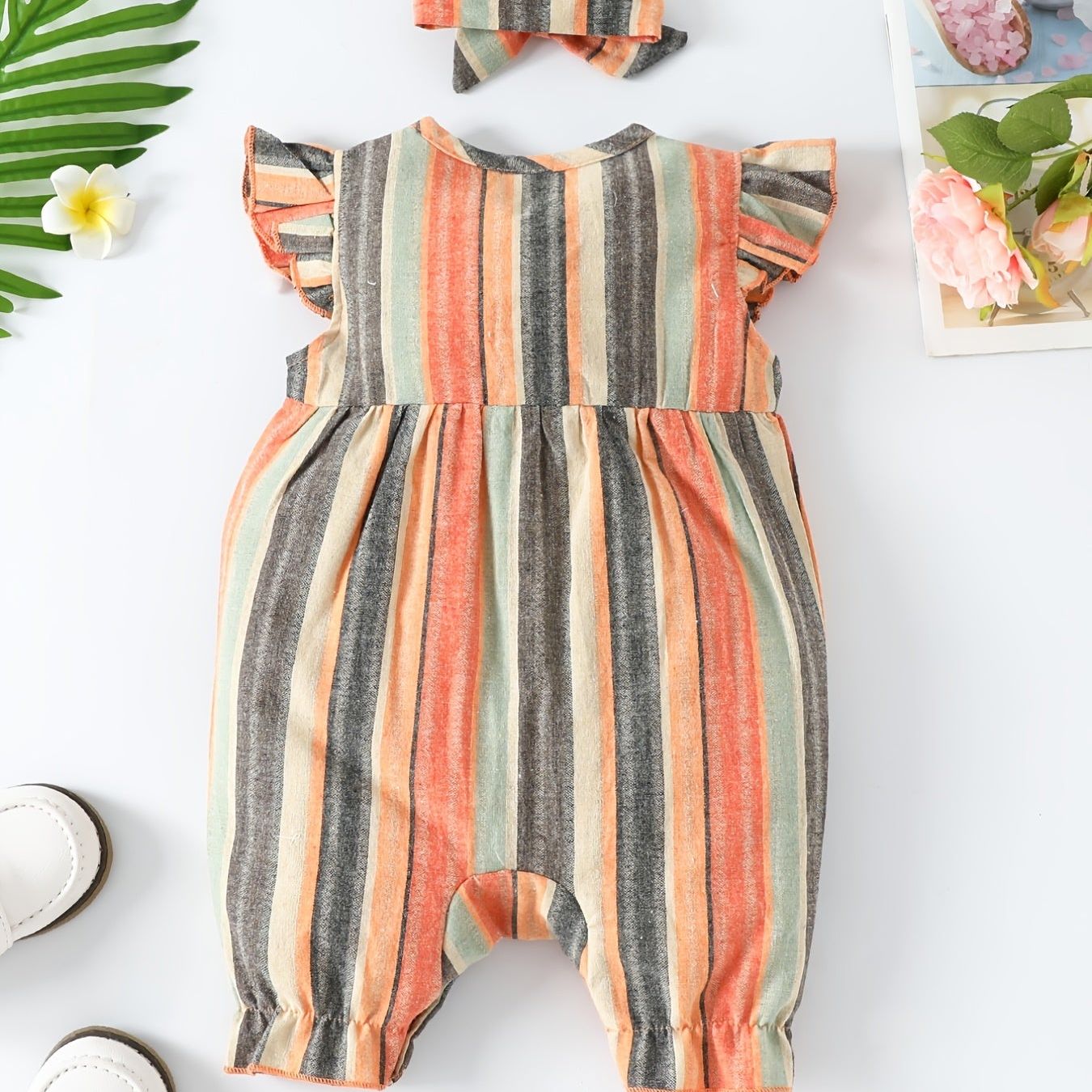 Cute Baby Casual Striped Ruffled Romper With Bow