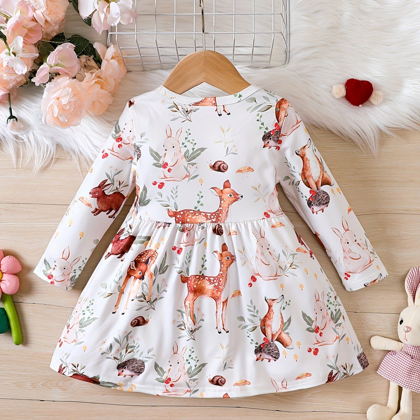 Adorable Animal Print Long Sleeve Pleated Dress for Baby Girls