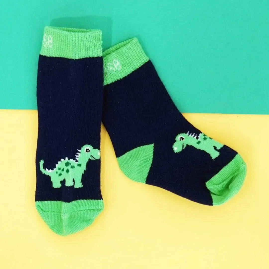 Maple The Dino Baby Socks - Navy Green Dinosaur Socks for Babies 0-6 Months