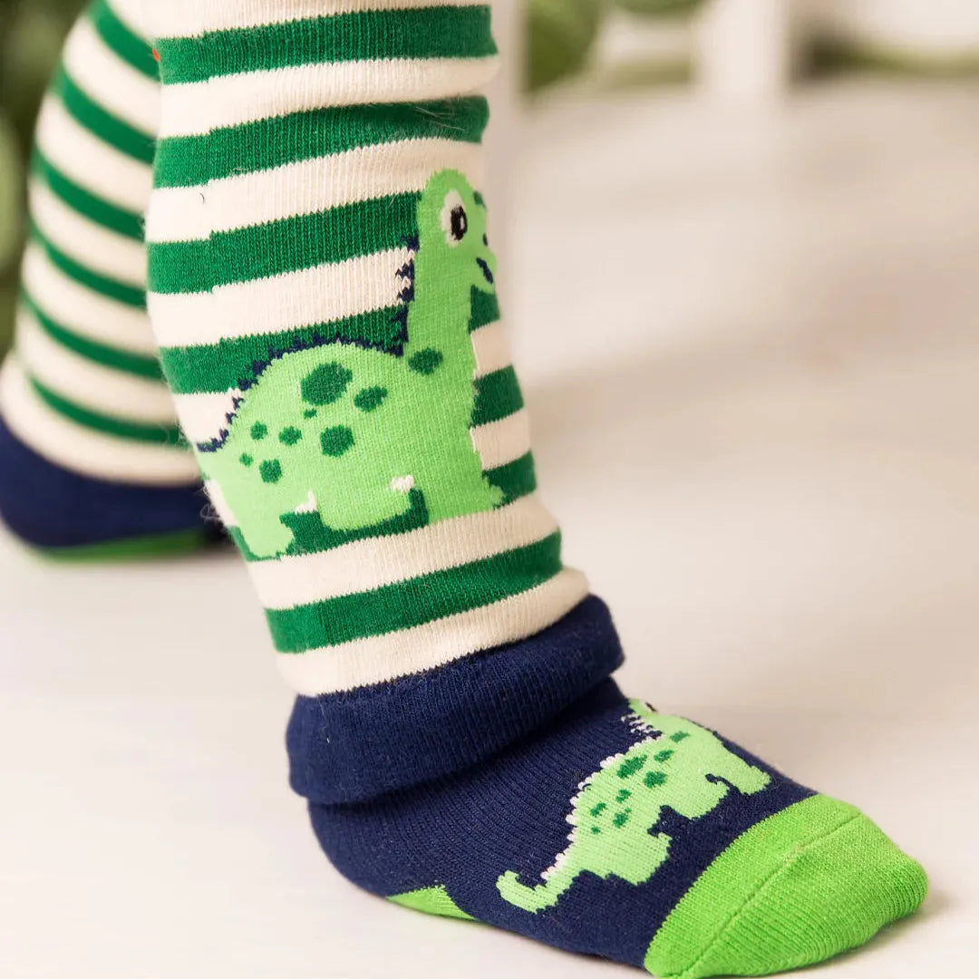 Maple The Dino Baby Socks - Navy Green Dinosaur Socks for Babies 0-6 Months
