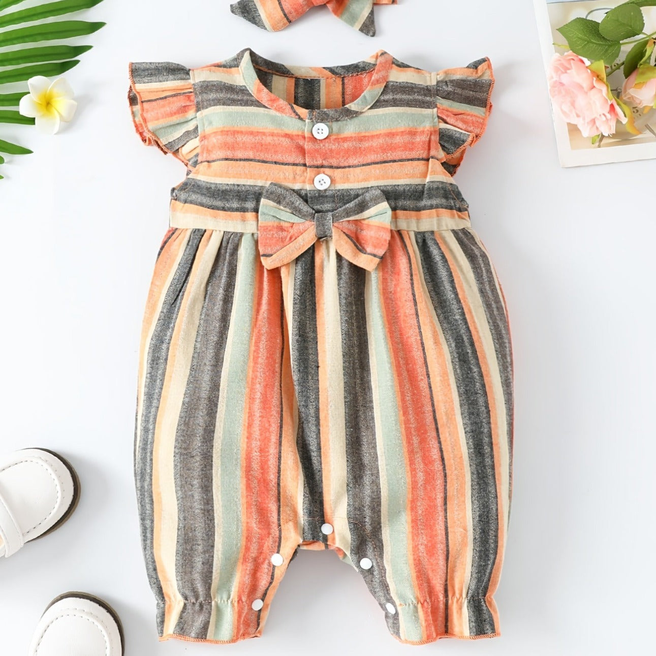 Cute Baby Casual Striped Ruffled Romper With Bow