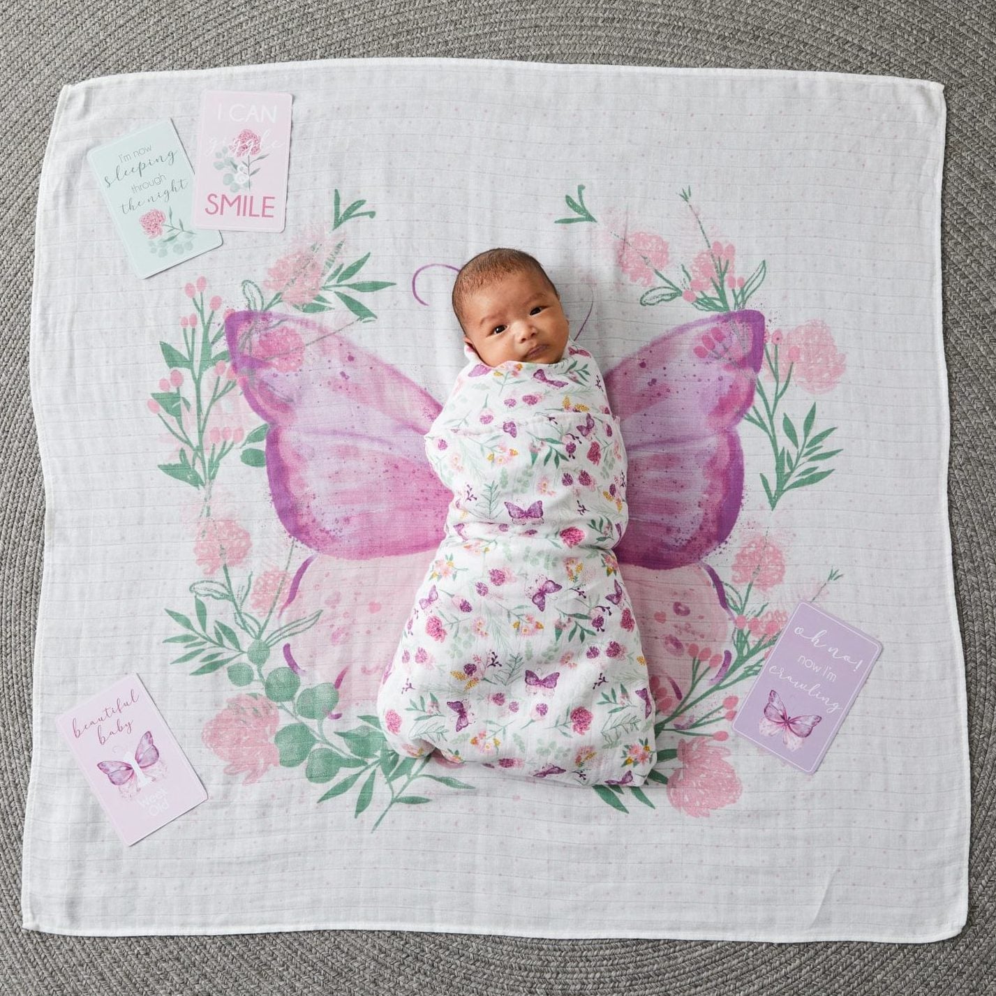 Sweet Baby Milestone Muslin Blanket and Photo Butterfly Card Set