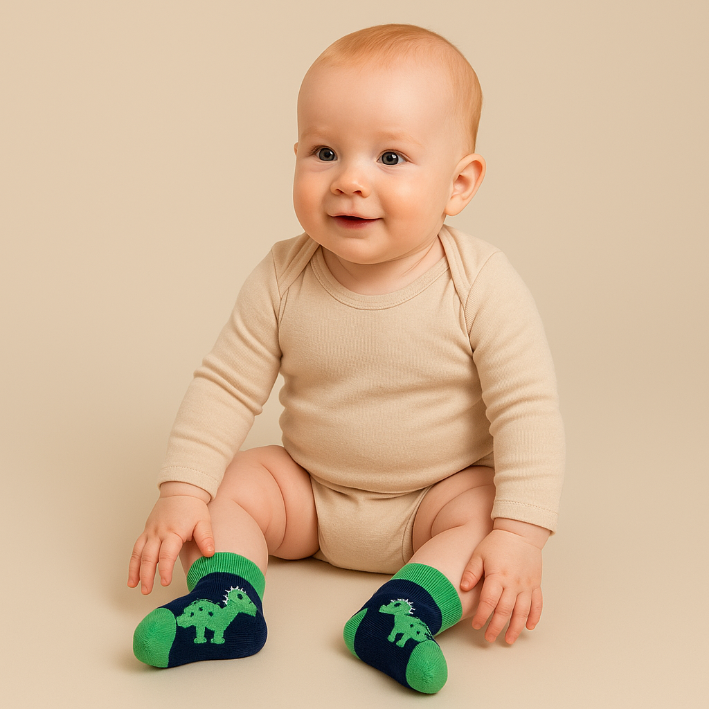 Maple the Dino – Navy & Green Baby Socks