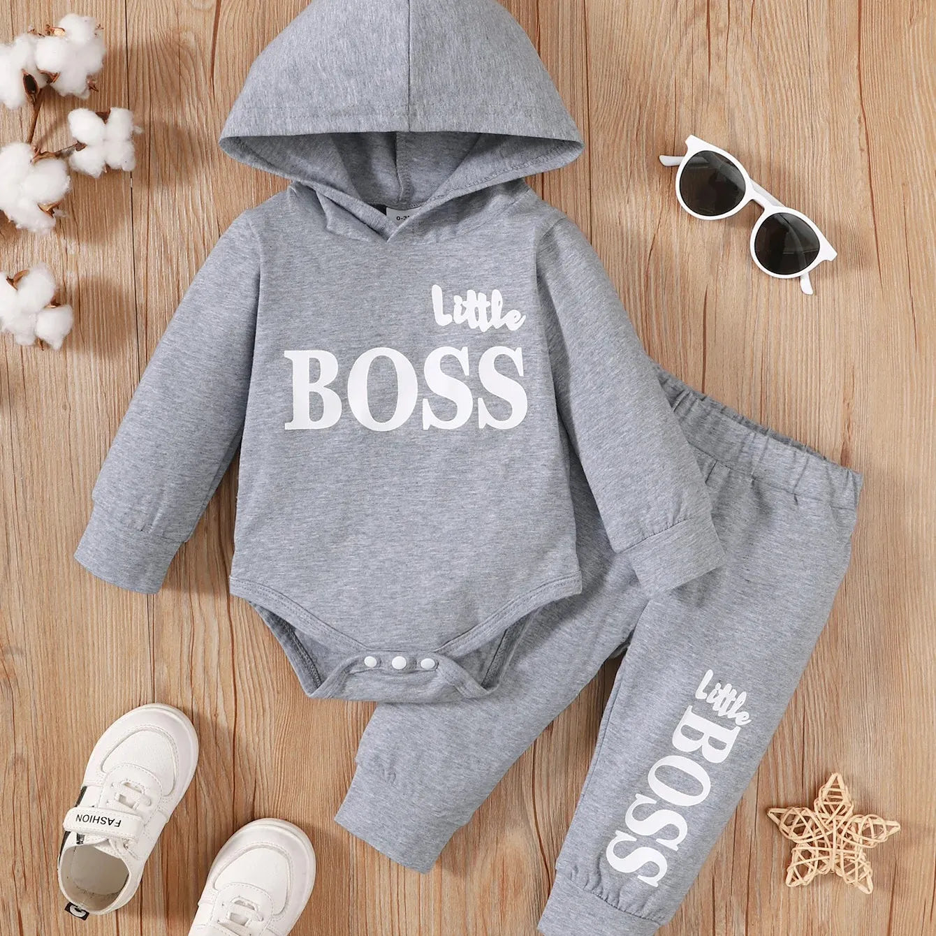 Light Winter  Infant Baby Boy Long Sleeves Cotton Hooded  Little Boss 2 Piece Set