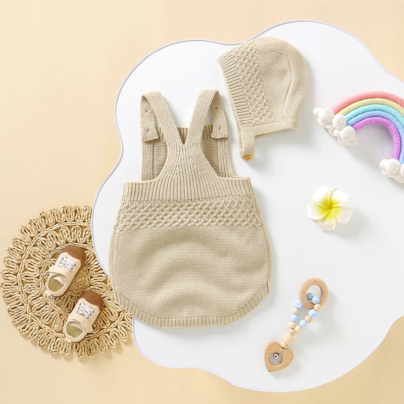 Lovely Knitted Infant  Playsuit with Hat
