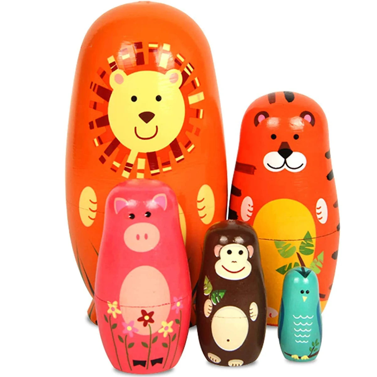 Handmade Wooden 5 Piece Animal Design Cute Nesting Dolls