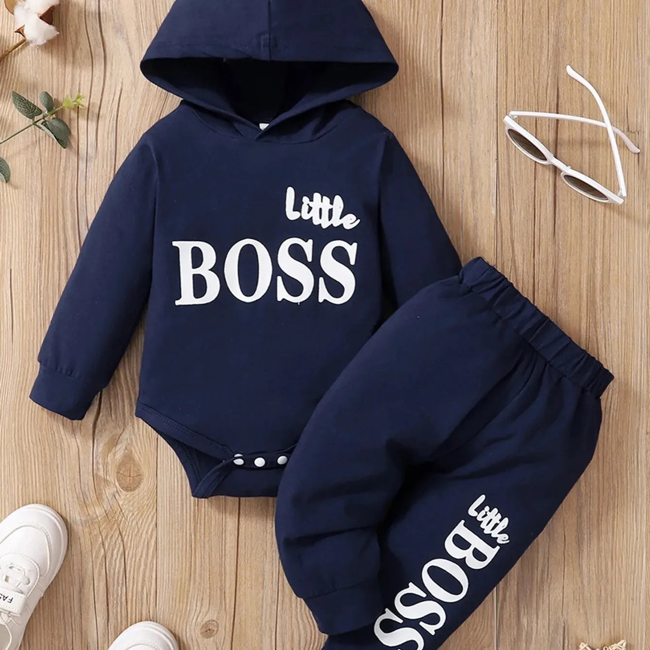 Light Winter  Infant Baby Boy Long Sleeves Cotton Hooded  Little Boss 2 Piece Set