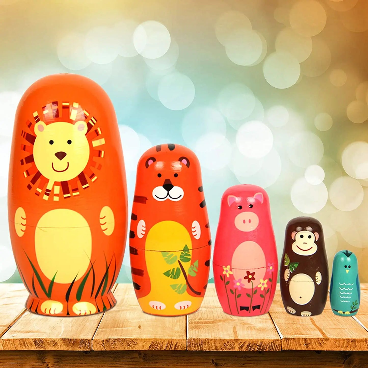 Handmade Wooden 5 Piece Animal Design Cute Nesting Dolls