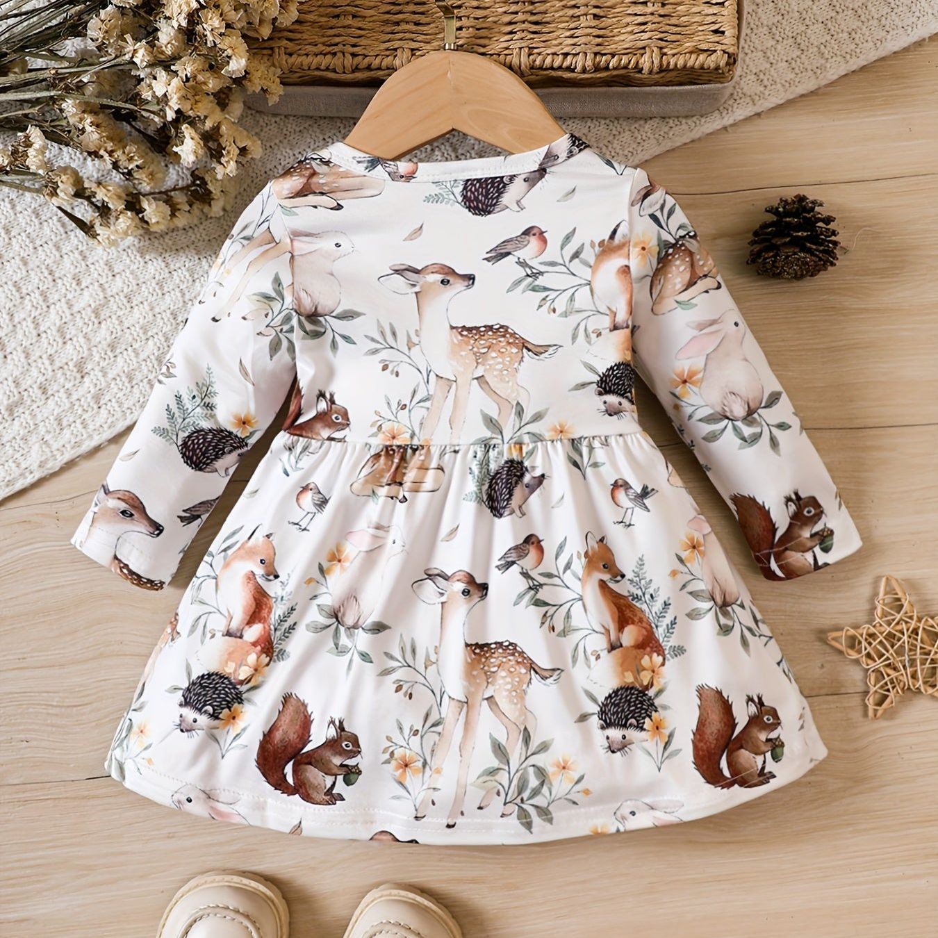 Adorable Animal Print Long Sleeve Pleated Dress for Baby Girls