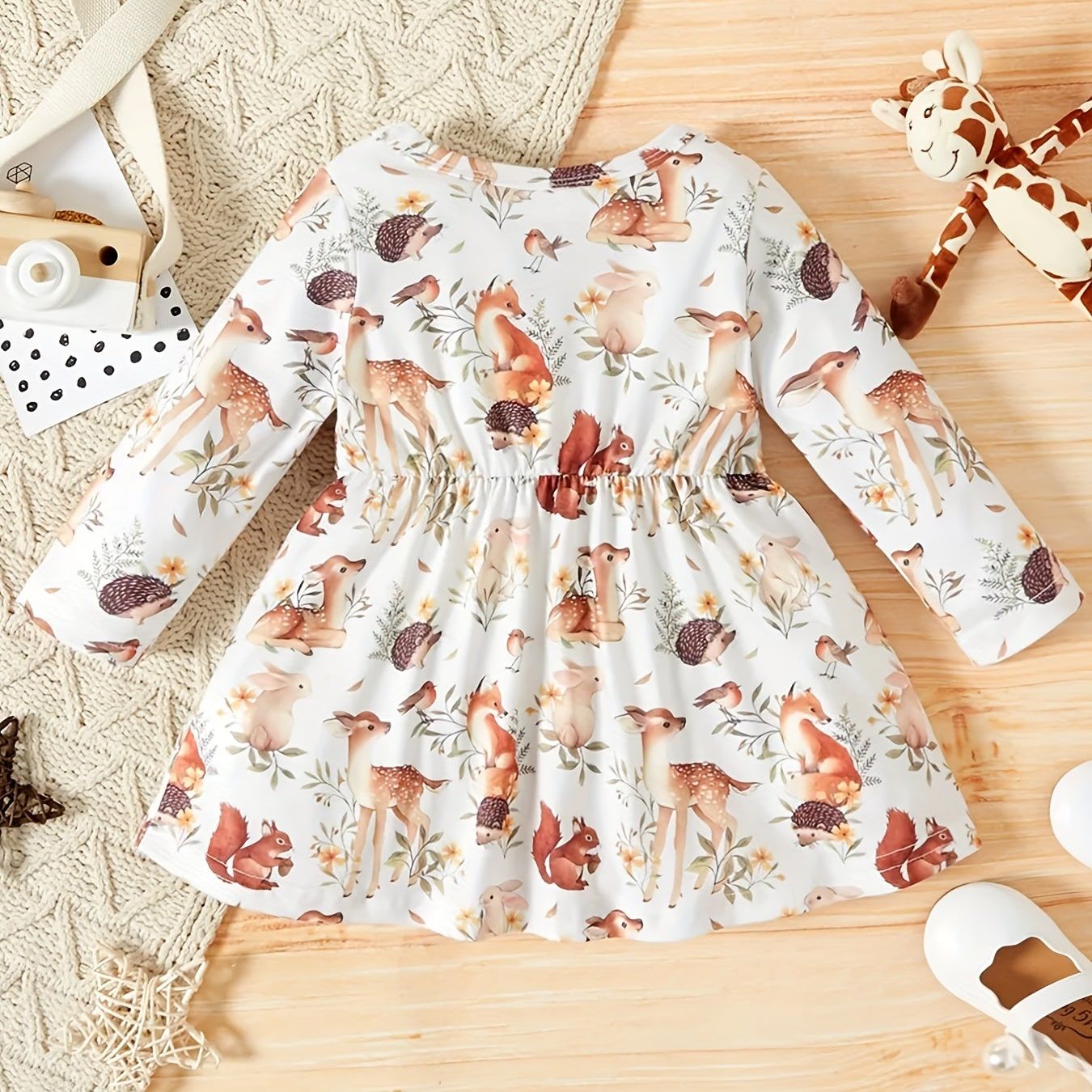 Adorable Animal Print Long Sleeve Pleated Dress for Baby Girls
