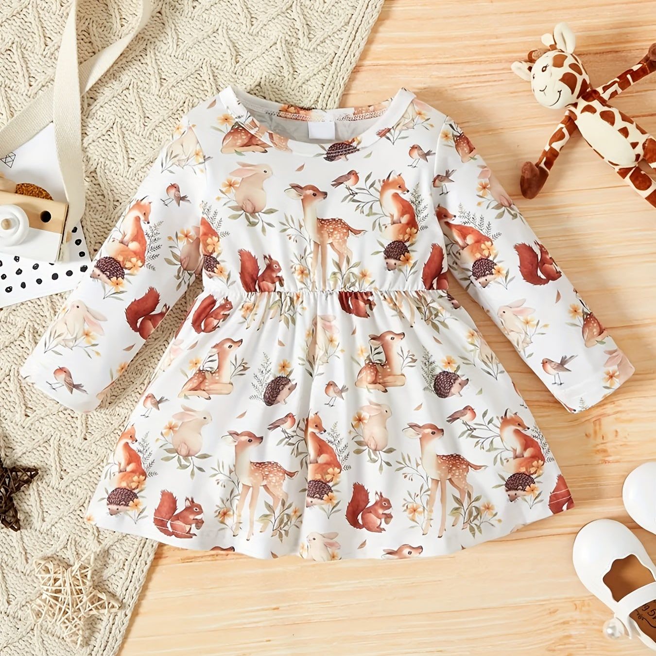 Adorable Animal Print Long Sleeve Pleated Dress for Baby Girls