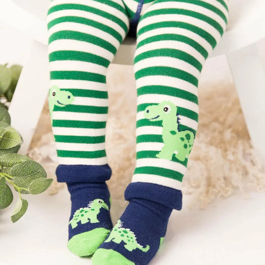 Maple The Dino Baby Socks - Navy Green Dinosaur Socks for Babies 0-6 Months